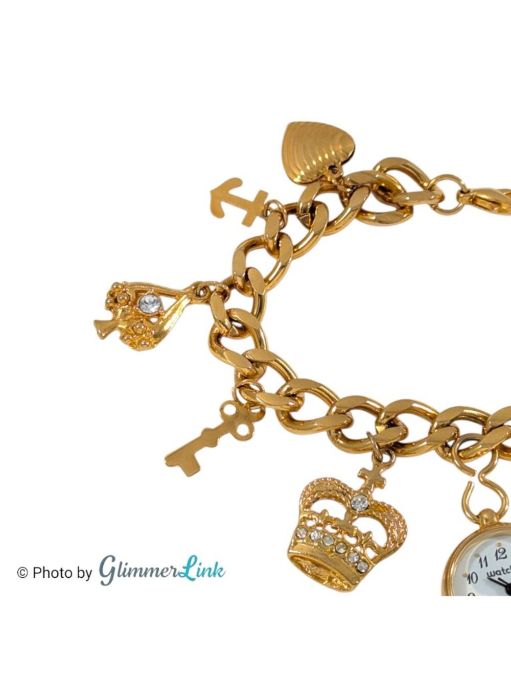 Vintage Watch-It Gold Tone Charm Bracelet Watch Rhinestone Crown Heart 7 1/2" - Picture 3 of 11